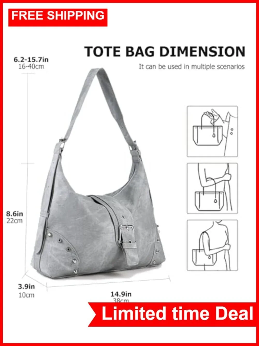Vegan Leather Retro Rivet Hobo Shoulder Bag with Adjustable Strap